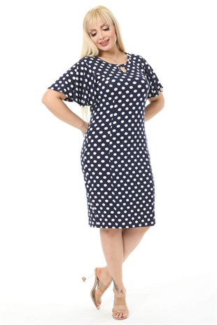 Kadın Lacivert Beyaz Puantiye Desenli Kelebek Kol Kuplu Büyük Beden Elbise