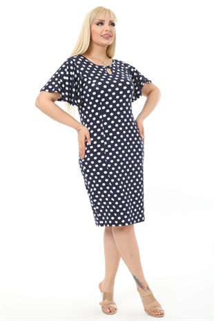 Kadın Lacivert Beyaz Puantiye Desenli Kelebek Kol Kuplu Büyük Beden Elbise