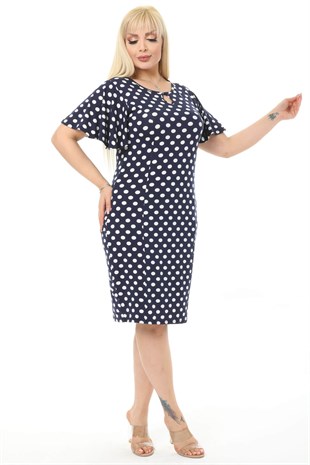Kadın Lacivert Beyaz Puantiye Desenli Kelebek Kol Kuplu Büyük Beden Elbise
