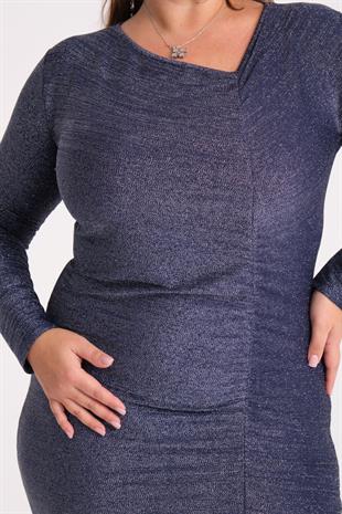 Kadın Lacivert Drape ve Yırtmaç Detay Büyük Beden Esnek Simli Elbise