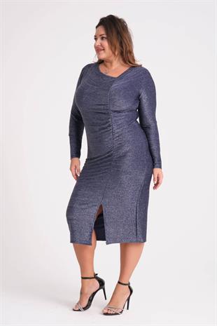 Kadın Lacivert Drape ve Yırtmaç Detay Büyük Beden Esnek Simli Elbise