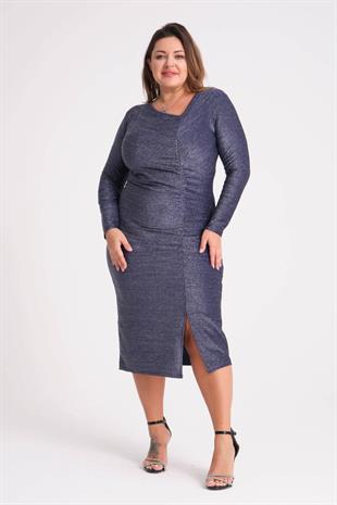 Kadın Lacivert Drape ve Yırtmaç Detay Büyük Beden Esnek Simli Elbise