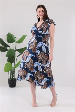 Kadın Lacivert Floral Desen Fırfır Kol Kruvaze Yaka Büyük Beden Esnek Maxi Elbise