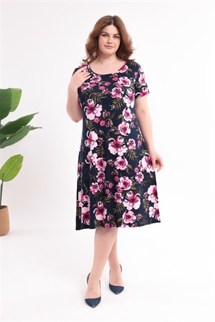 Kadın Lacivert Pembe Floral Desen Büyük Beden Esnek Midi Elbise
