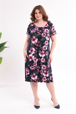 Kadın Lacivert Pembe Floral Desen Büyük Beden Esnek Midi Elbise