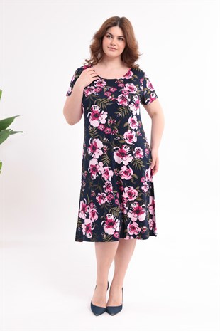 Kadın Lacivert Pembe Floral Desen Büyük Beden Esnek Midi Elbise