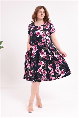 Kadın Lacivert Pembe Floral Desen Cepli Salaş 42-54 Uyumlu Standart Beden Esnek Elbise