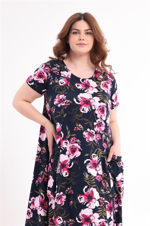 Kadın Lacivert Pembe Floral Desen Cepli Salaş 42-54 Uyumlu Standart Beden Esnek Elbise