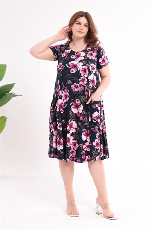 Kadın Lacivert Pembe Floral Desen Cepli Salaş 42-54 Uyumlu Standart Beden Esnek Elbise