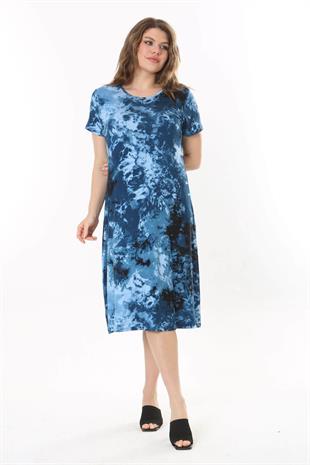 Kadın Mavi Batik Desen Midi Elbise