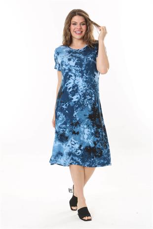 Kadın Mavi Batik Desen Midi Elbise