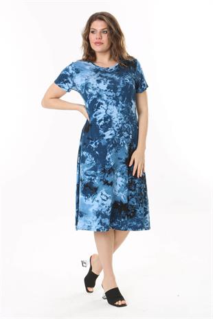 Kadın Mavi Batik Desen Midi Elbise