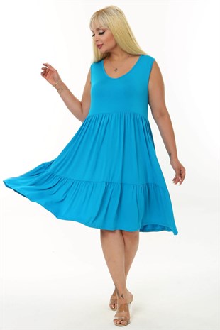 Kadın Mavi Büyük Beden Katlı Elbise