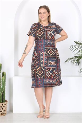 Kadın Mavi Etnik Patchwork Desen Midi Elbise