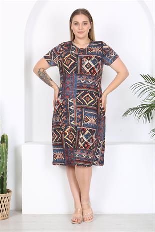 Kadın Mavi Etnik Patchwork Desen Midi Elbise