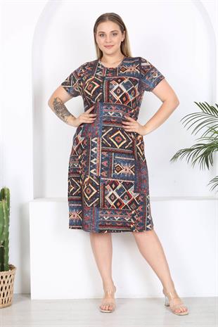 Kadın Mavi Etnik Patchwork Desen Midi Elbise