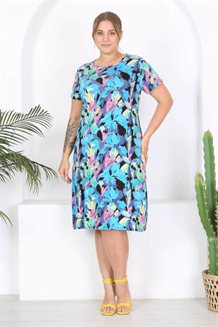 Kadın Mavi Floral Suluboya Desen Midi Elbise