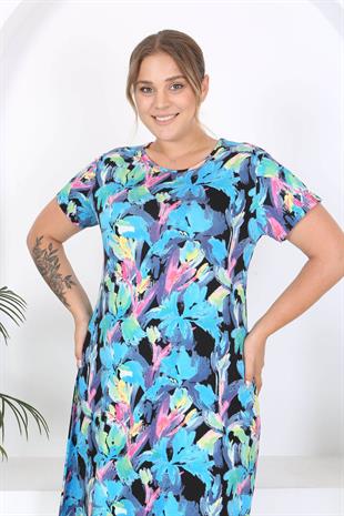 Kadın Mavi Floral Suluboya Desen Midi Elbise