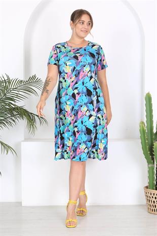 Kadın Mavi Floral Suluboya Desen Midi Elbise