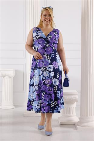 Kadın Mavi Mor Kırçiçeği Desen Kolsuz Kruvaze Yaka Büyük Beden Maxi Elbise