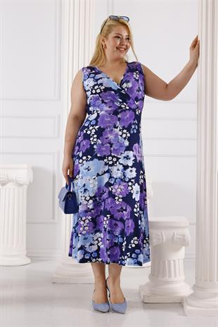 Kadın Mavi Mor Kırçiçeği Desen Kolsuz Kruvaze Yaka Büyük Beden Maxi Elbise