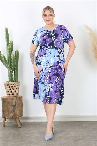 Kadın Mavi Mor Kırçiçeği Desen Midi Elbise