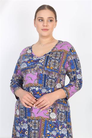 Kadın Mavi Mor Patchwork Desen V Yaka Truvakar Kol Büyük Beden Esnek Elbise