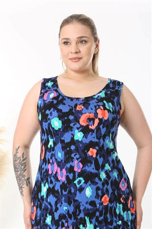 Kadın Mavi Pembe Tiger Desenli Askılı Büyük Beden Elbise