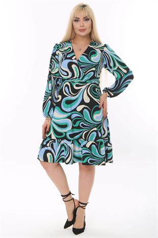 Kadın Mavi Yeşil Asimetrik Desen Kruvaze Yaka Balon Kol Büyük Beden Esnek Elbise