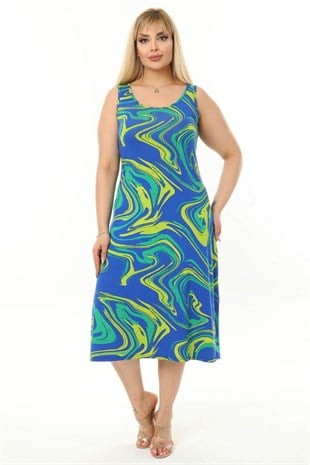 Kadın Mavi Yeşil Dalga Desenli Askılı Büyük Beden Elbise