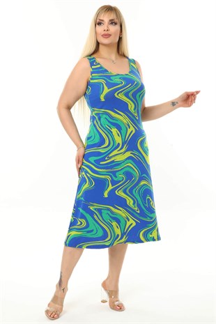 Kadın Mavi Yeşil Dalga Desenli Askılı Büyük Beden Elbise