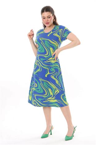 Kadın Mavi Yeşil Ebru Desen Midi Elbise