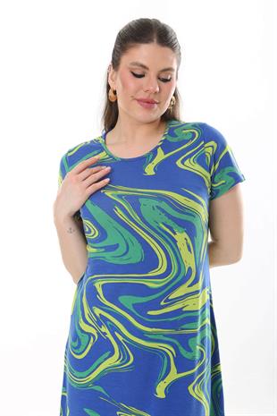 Kadın Mavi Yeşil Ebru Desen Midi Elbise