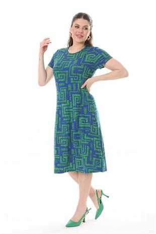 Kadın Mavi Yeşil Labirent Desen Midi Elbise