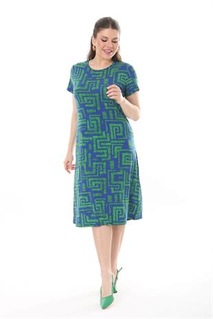 Kadın Mavi Yeşil Labirent Desen Midi Elbise