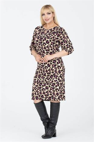 Kadın Mor Bej Leopar Desen Damla Yaka Balon Kol Büyük Beden Esnek Süet Elbise
