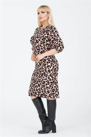 Kadın Mor Bej Leopar Desen Damla Yaka Balon Kol Büyük Beden Esnek Süet Elbise