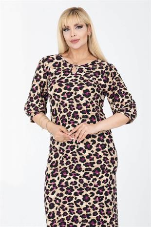 Kadın Mor Bej Leopar Desen Damla Yaka Balon Kol Büyük Beden Esnek Süet Elbise