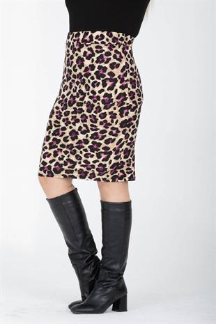 Kadın Mor Bej Leopar Desen Esnek Süet Kalem Etek