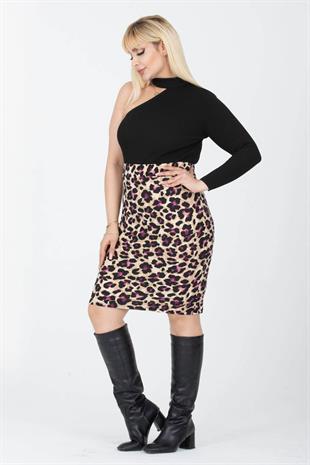 Kadın Mor Bej Leopar Desen Esnek Süet Kalem Etek