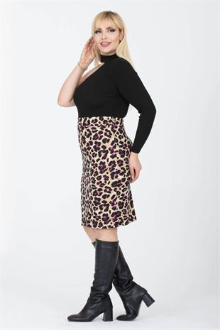 Kadın Mor Bej Leopar Desen Esnek Süet Kalem Etek