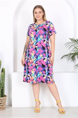 Kadın Mor Floral Suluboya Desen Midi Elbise