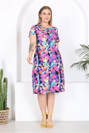Kadın Mor Floral Suluboya Desen Midi Elbise