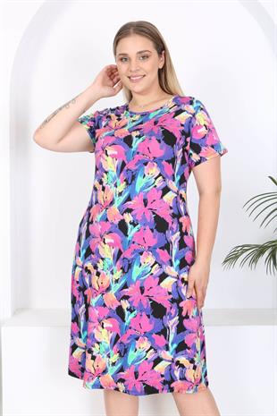 Kadın Mor Floral Suluboya Desen Midi Elbise