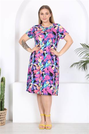 Kadın Mor Floral Suluboya Desen Midi Elbise