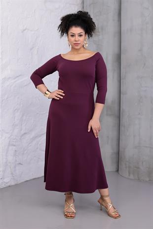Kadın Mor Kayık Yaka Truvakar Kol Kuplu Büyük Beden Esnek Elbise