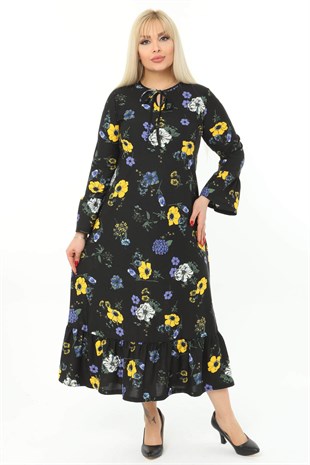 Kadın Mor Sarı Çiçek Desenli Biye Yaka Kol ve Etek Ucu Fırfırlı Büyük Beden Elbise