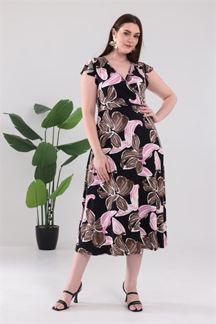 Kadın Pembe Floral Desen Fırfır Kol Kruvaze Yaka Büyük Beden Esnek Maxi Elbise