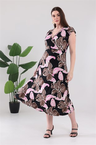Kadın Pembe Floral Desen Fırfır Kol Kruvaze Yaka Büyük Beden Esnek Maxi Elbise
