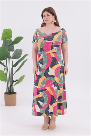 Kadın Pembe Gri Geometrik Desen Kayık Yaka Kısa Kol Büyük Beden Esnek Maxi Elbise